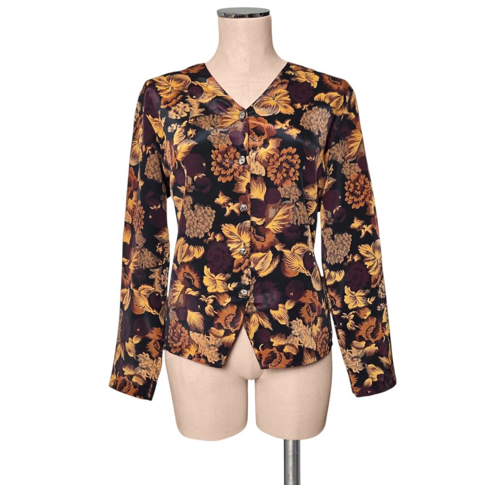 Vintage 80's 90's  TRUFFLES Brown Print  Silver Button Blouse Top P S